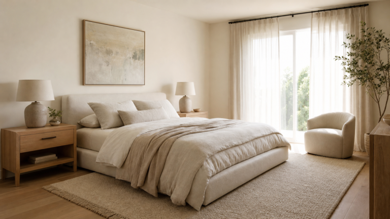 Cozy minimalist bedroom retreat with warm neutral bedding and refined luxury decor