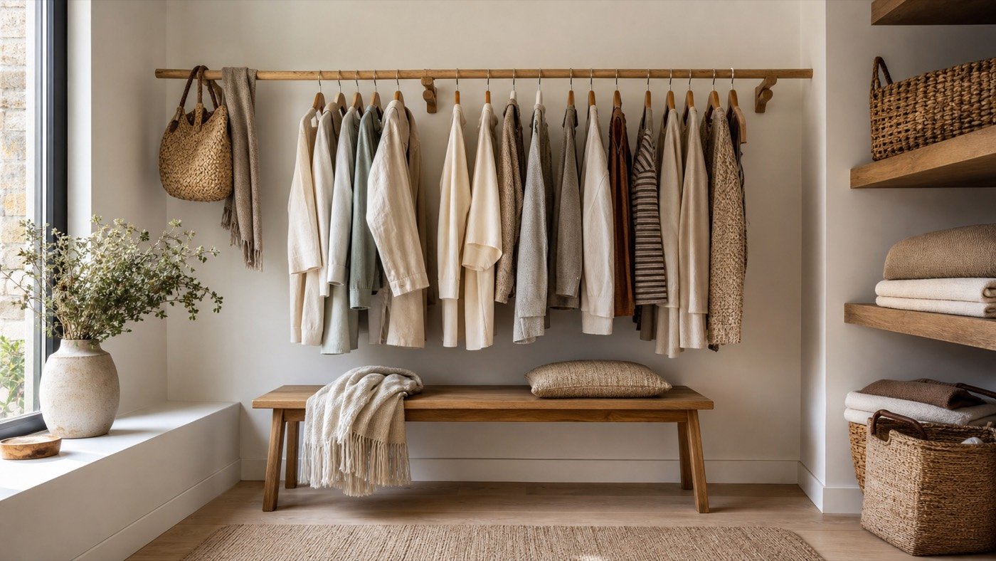 Neat stylish dressing area with an organized clothes holder rail
