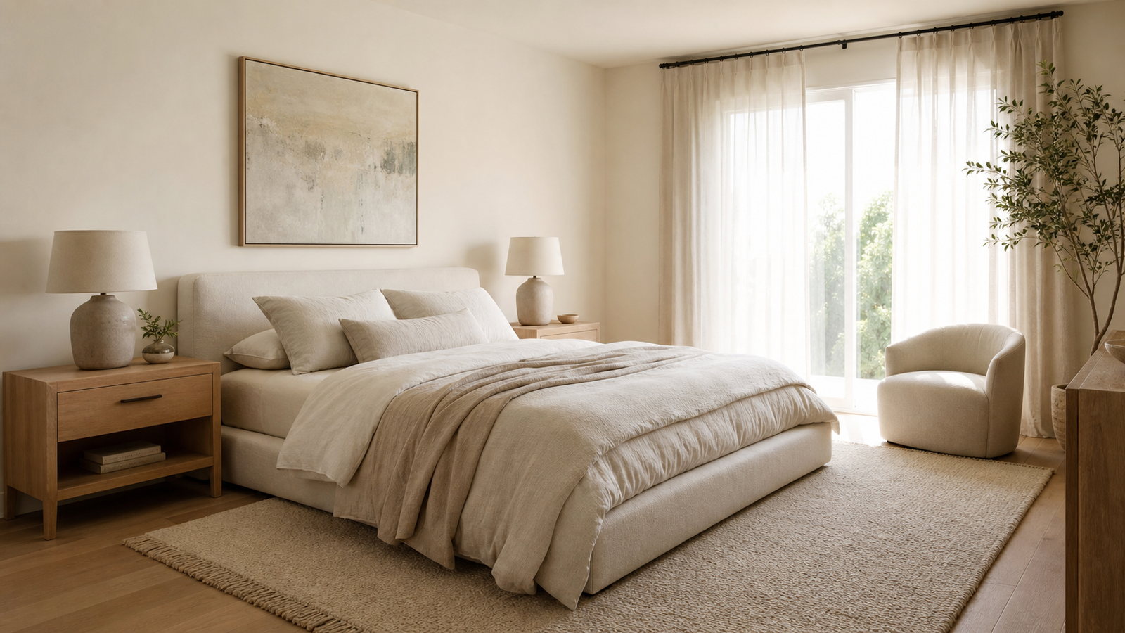 Cozy minimalist bedroom retreat with warm neutral bedding and refined luxury decor