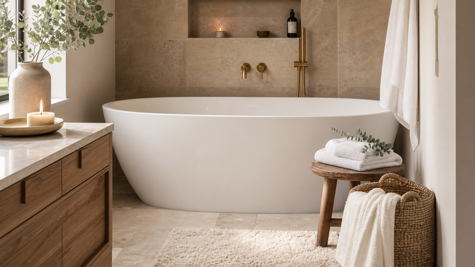 Spa-like bathroom with freestanding tub towels candle greenery and wood stool