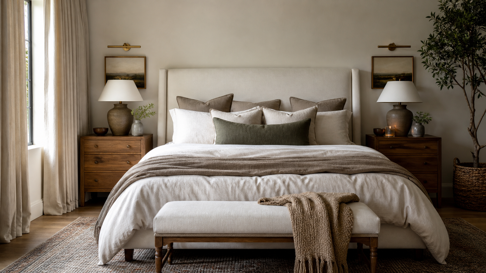 Cozy Pinterest-worthy bedroom with layered bedding, warm lamps, curtains, rug, and bench