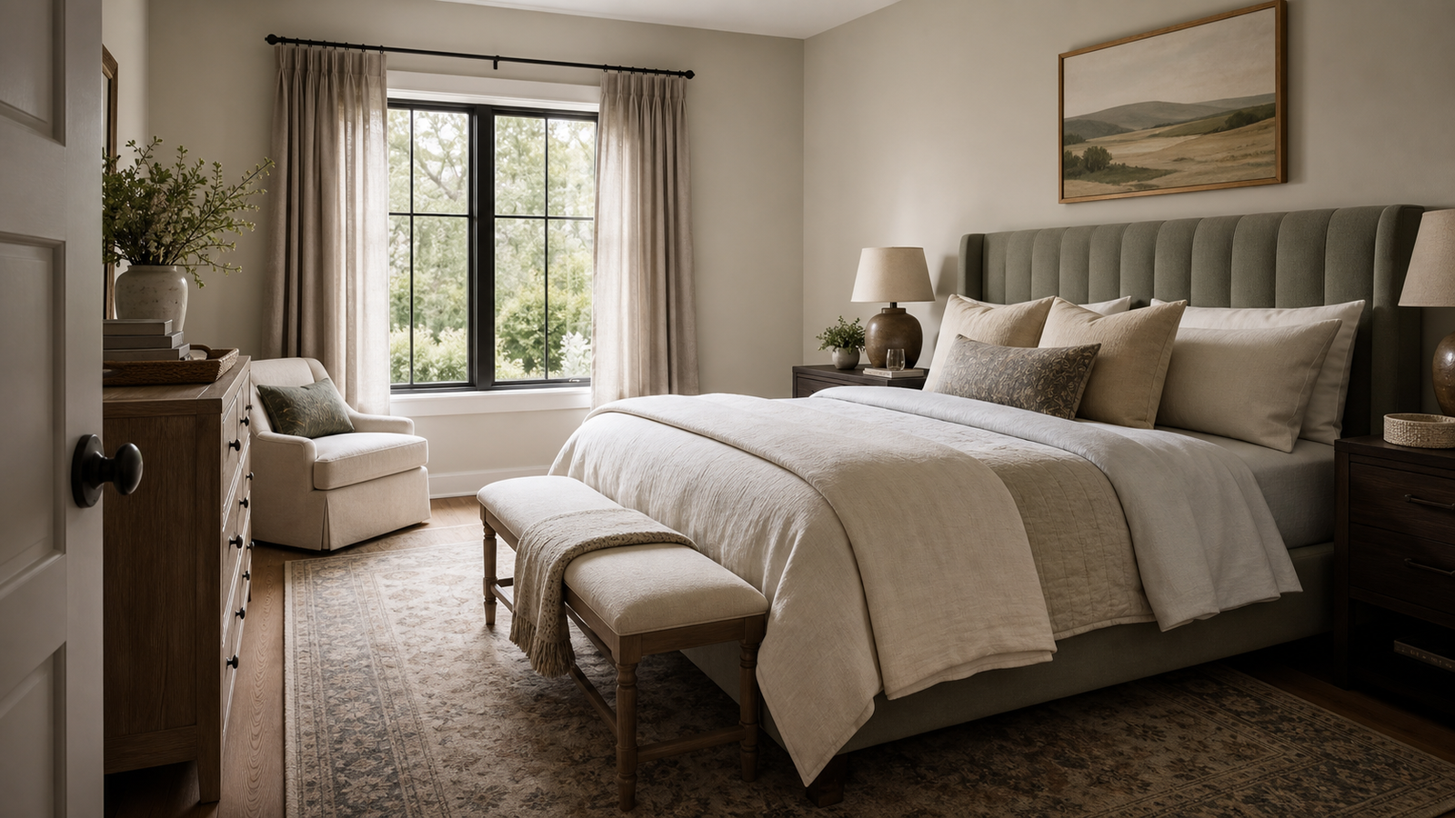 Cozy guest bedroom with layered bedding, bedside lamps, bench, soft rug, and warm neutral styling