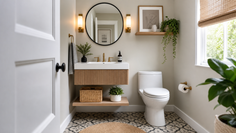 Fresh space-smart half bathroom with compact vanity, round mirror, sconces, patterned tile floor, and polished storage