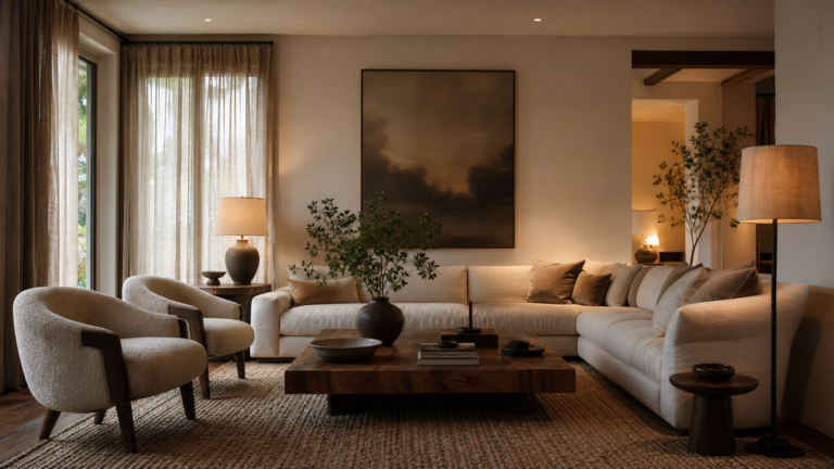 Cozy designer living room with sofa, lounge chairs, warm lamps, textured rug, curtains, and styled coffee table