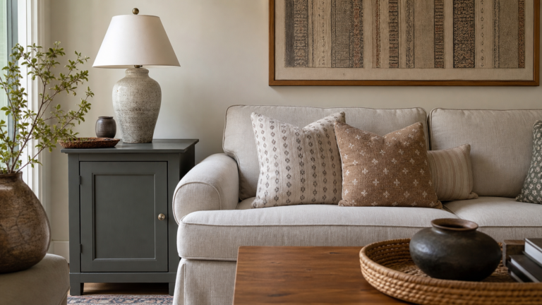 DIY home decor refresh with handmade wall art, painted cabinet, cozy pillows, and warm styling
