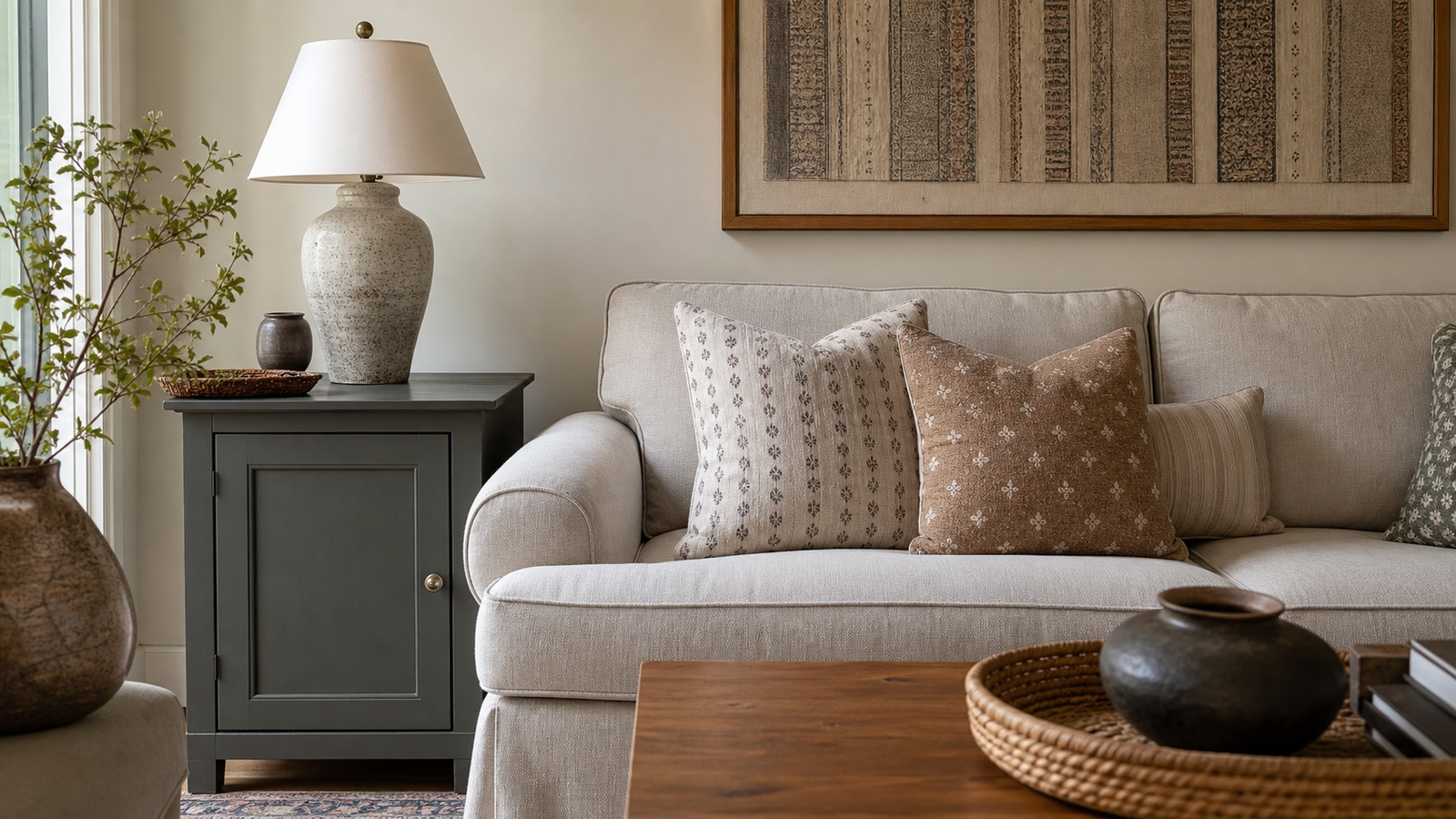 DIY home decor refresh with handmade wall art, painted cabinet, cozy pillows, and warm styling