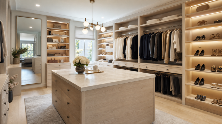 Neat stylish walk-in closet interior with custom storage and warm lighting