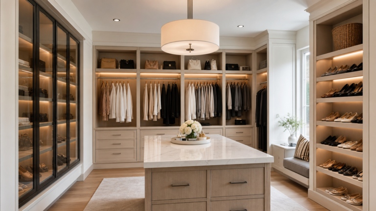 Luxury walk-in closet design with custom storage and warm lighting