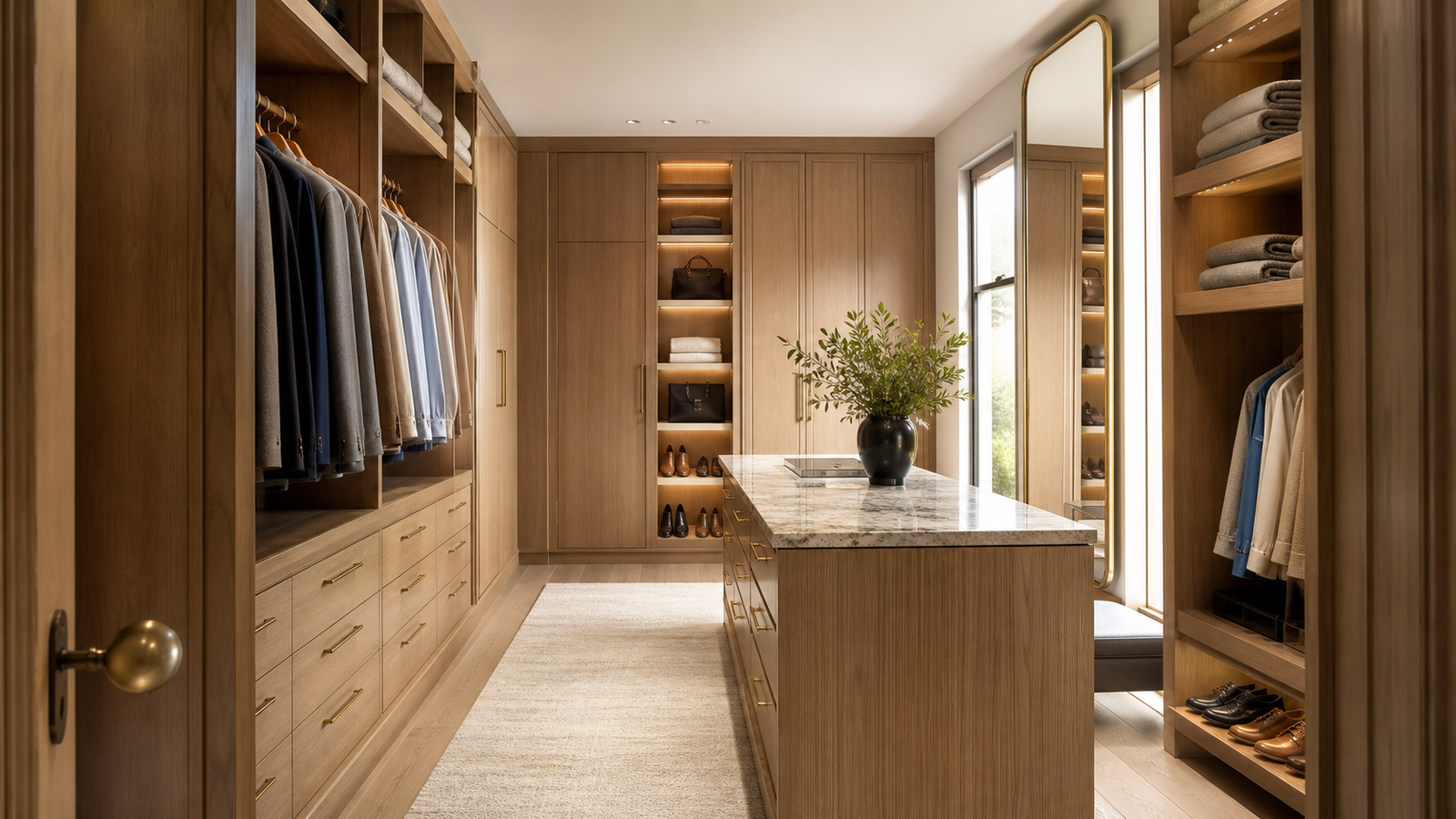 Modern walk-in closet with warm wood cabinetry, island storage, lit shelves, and neat styling