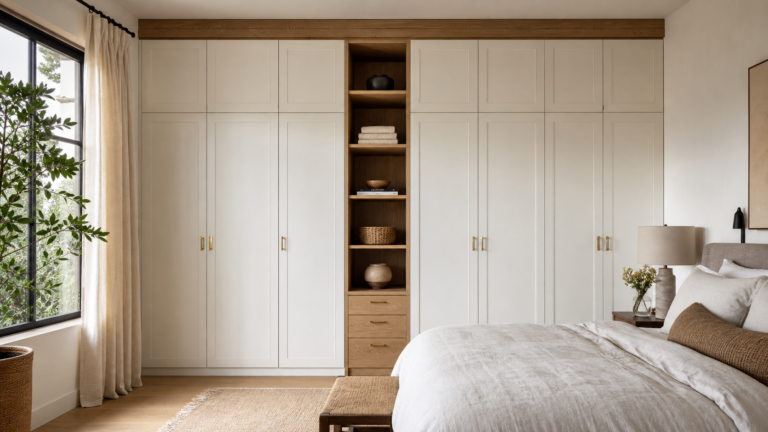 Stylish bedroom wall closet with custom wardrobe doors and organized storage