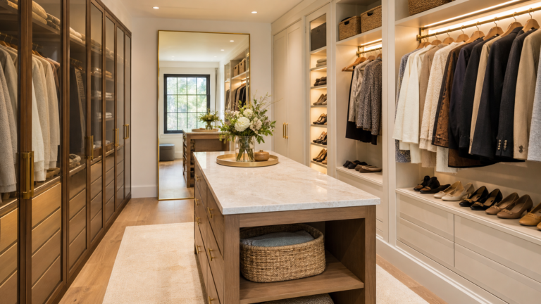 Luxury dressing closet with boutique storage, mirror, island, and warm lighting