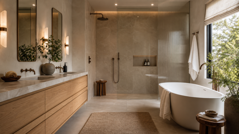 Modern spa-like bathroom with warm stone tile, floating wood vanity, glass shower, and soft lighting