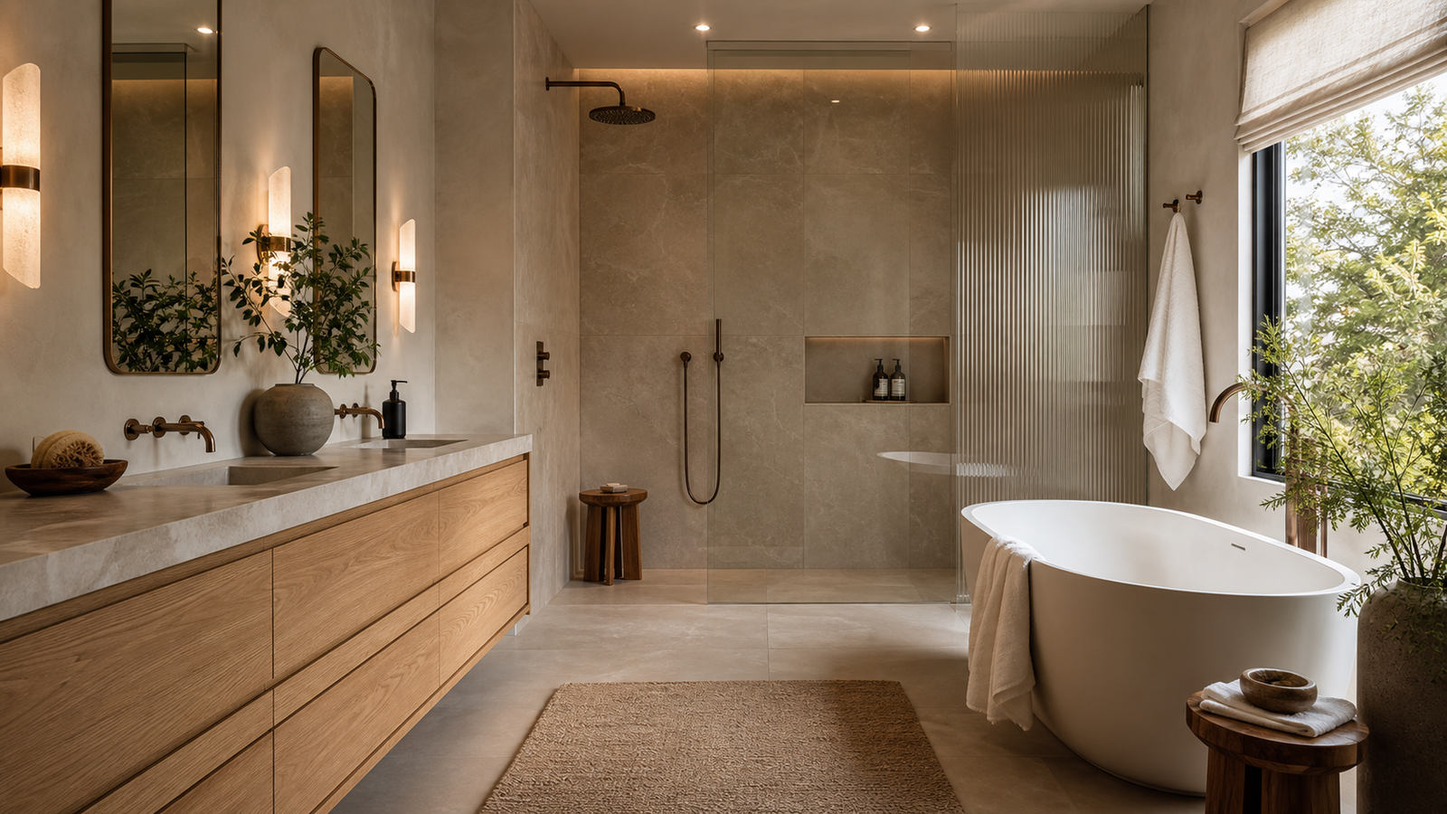 Modern spa-like bathroom with warm stone tile, floating wood vanity, glass shower, and soft lighting