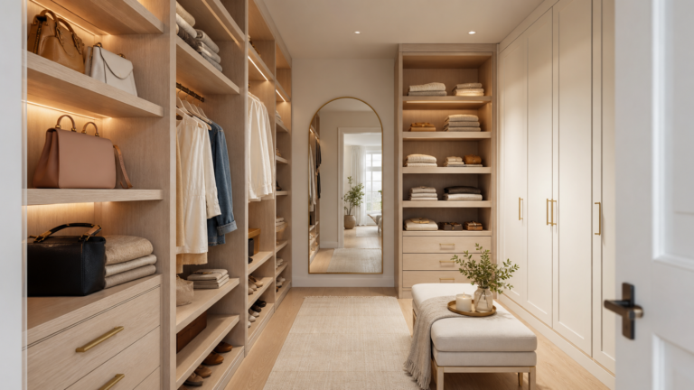 Modern closet aesthetic with oak shelves, warm lighting, mirror, and neatly styled storage