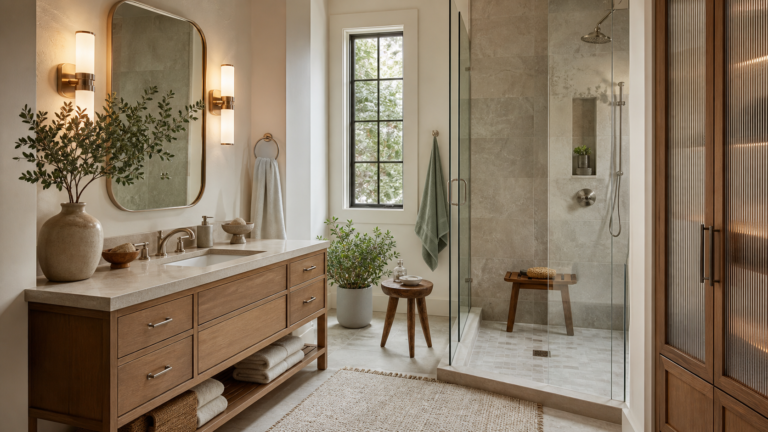 Spa-like guest bathroom with warm wood vanity and glass shower