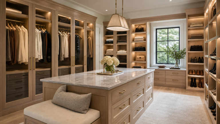 Luxury walk-in closet with custom wood cabinetry, glass doors, island storage, and warm lighting