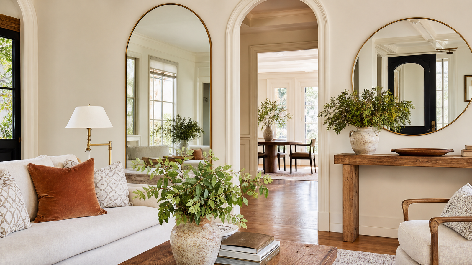 Elegant home interior with large mirrors reflecting natural light and refined decor
