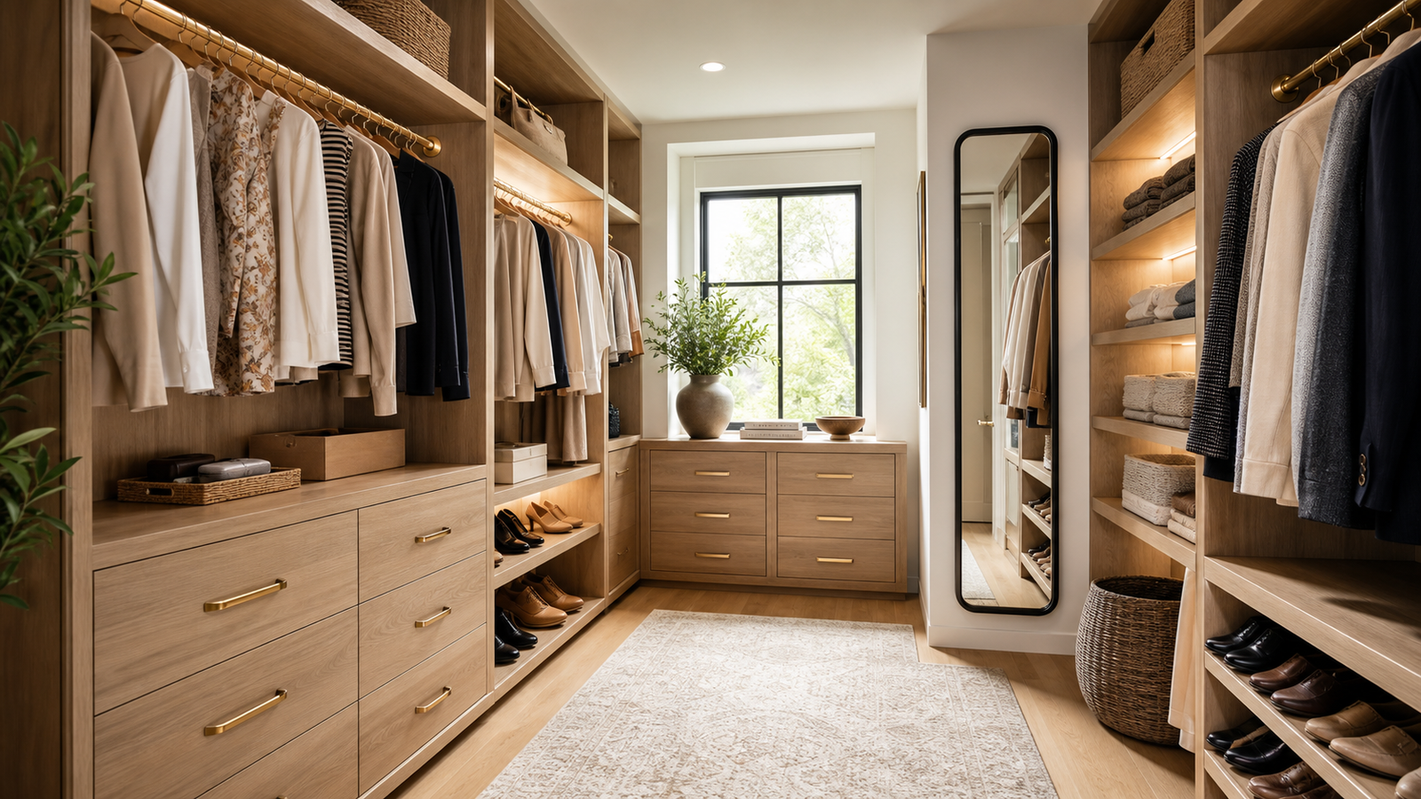 Organized stylish closet with oak cabinetry drawers baskets and brass rods