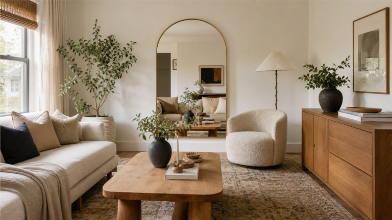 Stylish room inspo aesthetic with warm neutrals, plants, mirror, and layered textures