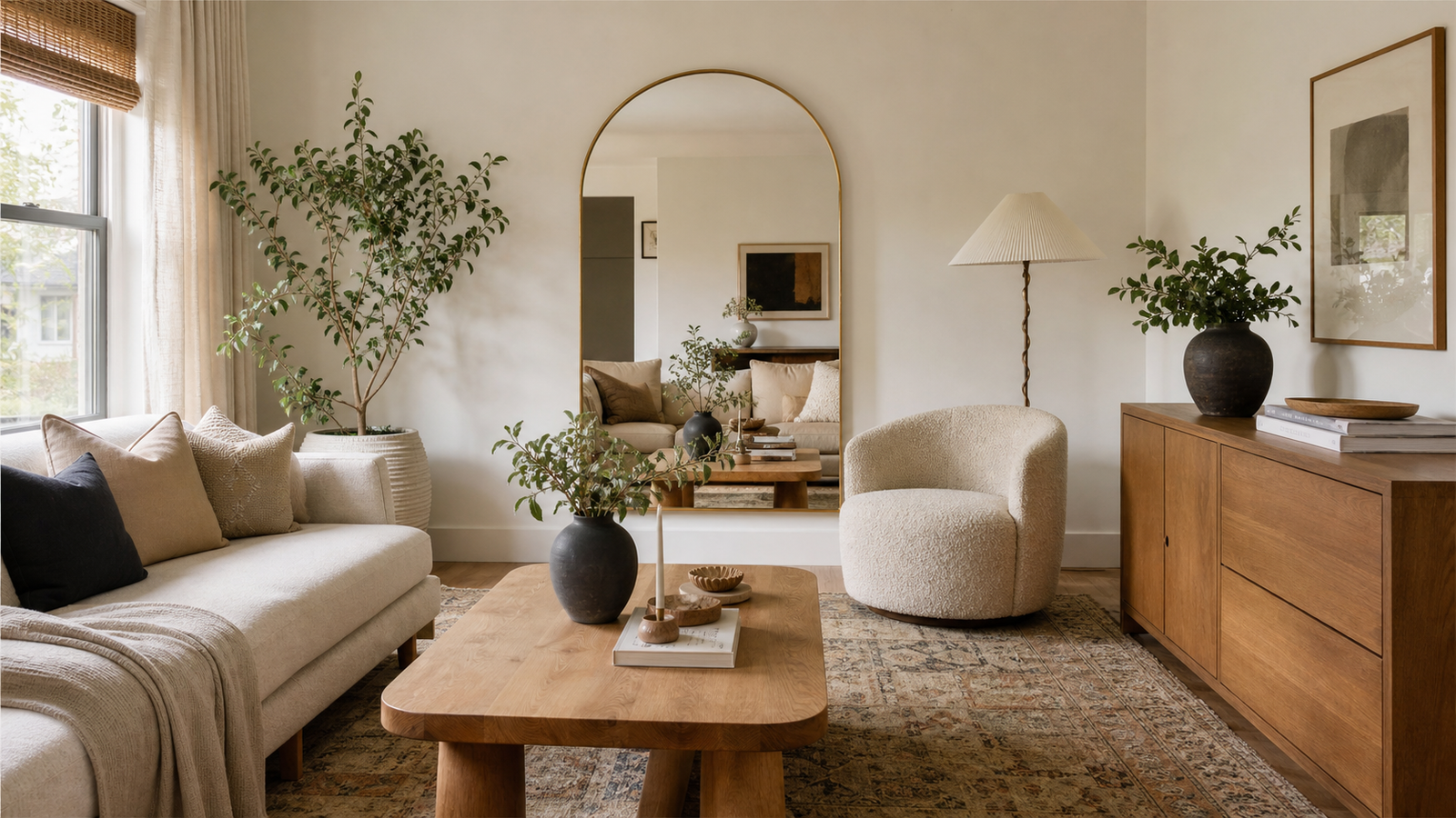 Stylish room inspo aesthetic with warm neutrals, plants, mirror, and layered textures