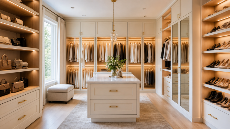 Neat stylish closet room with custom wardrobes and warm lighting