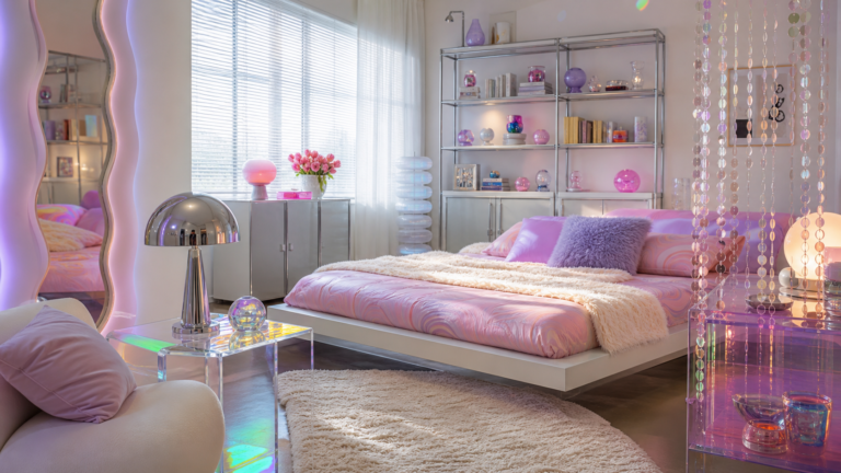 Stylish Y2K room with pastel bedding, chrome lamp, wavy mirror, acrylic table, and fuzzy rug
