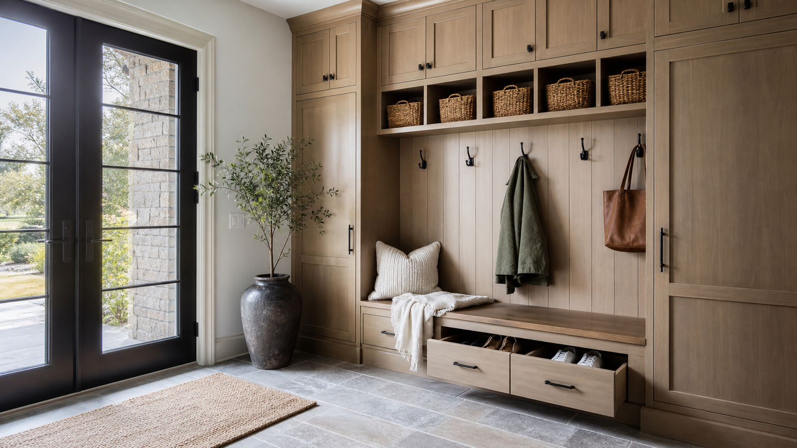 Stylish entry mudroom with built-in coat storage, shoe drawers, bench, and woven baskets