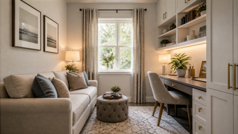 Stylish small room makeover with refined compact furniture and warm layered lighting