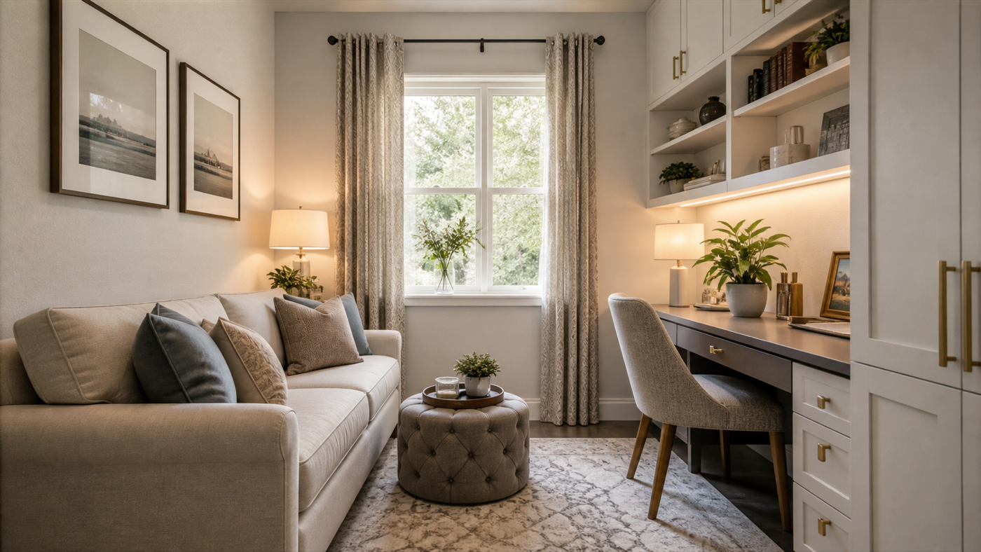 Stylish small room makeover with refined compact furniture and warm layered lighting
