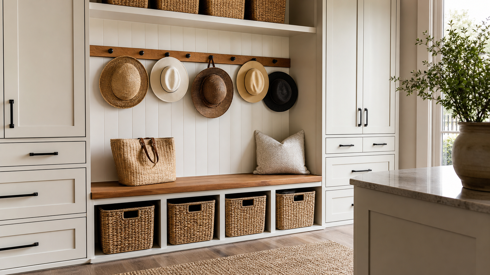 Stylish hat storage with custom cabinetry and peg rail