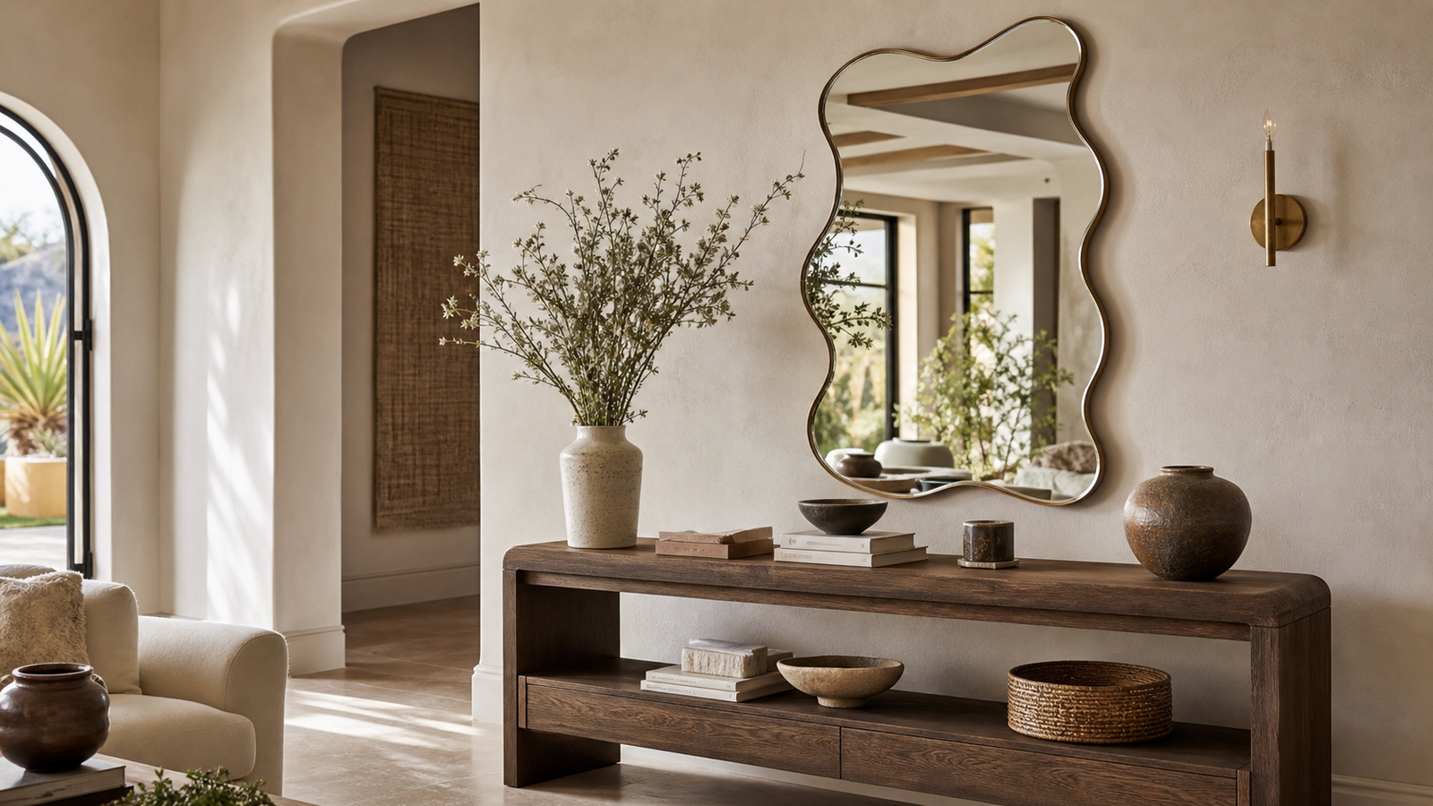 Wavy mirror above a styled console in a bright refined home interior