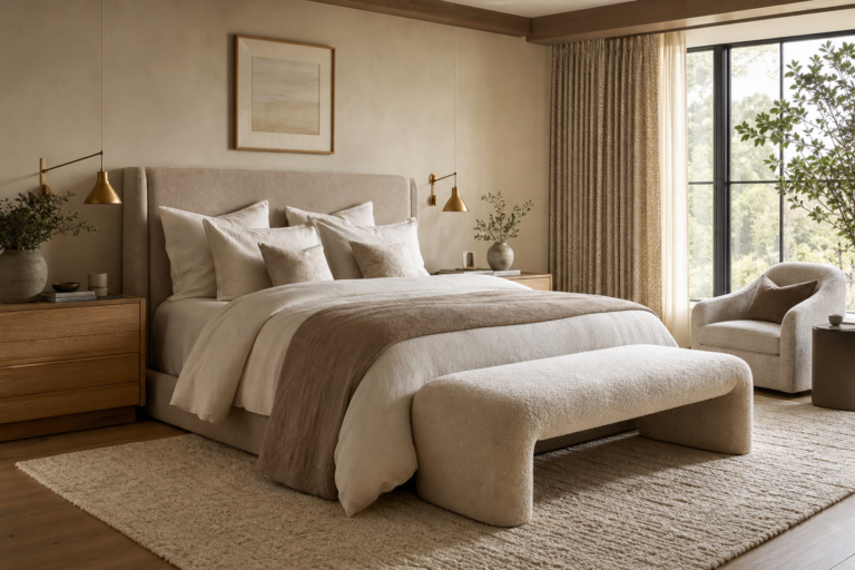 Luxury cozy bedroom retreat with layered neutral bedding, warm lighting, and textured decor