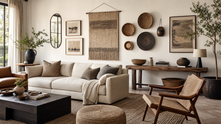 Wall hanging ideas styled on a warm living room wall
