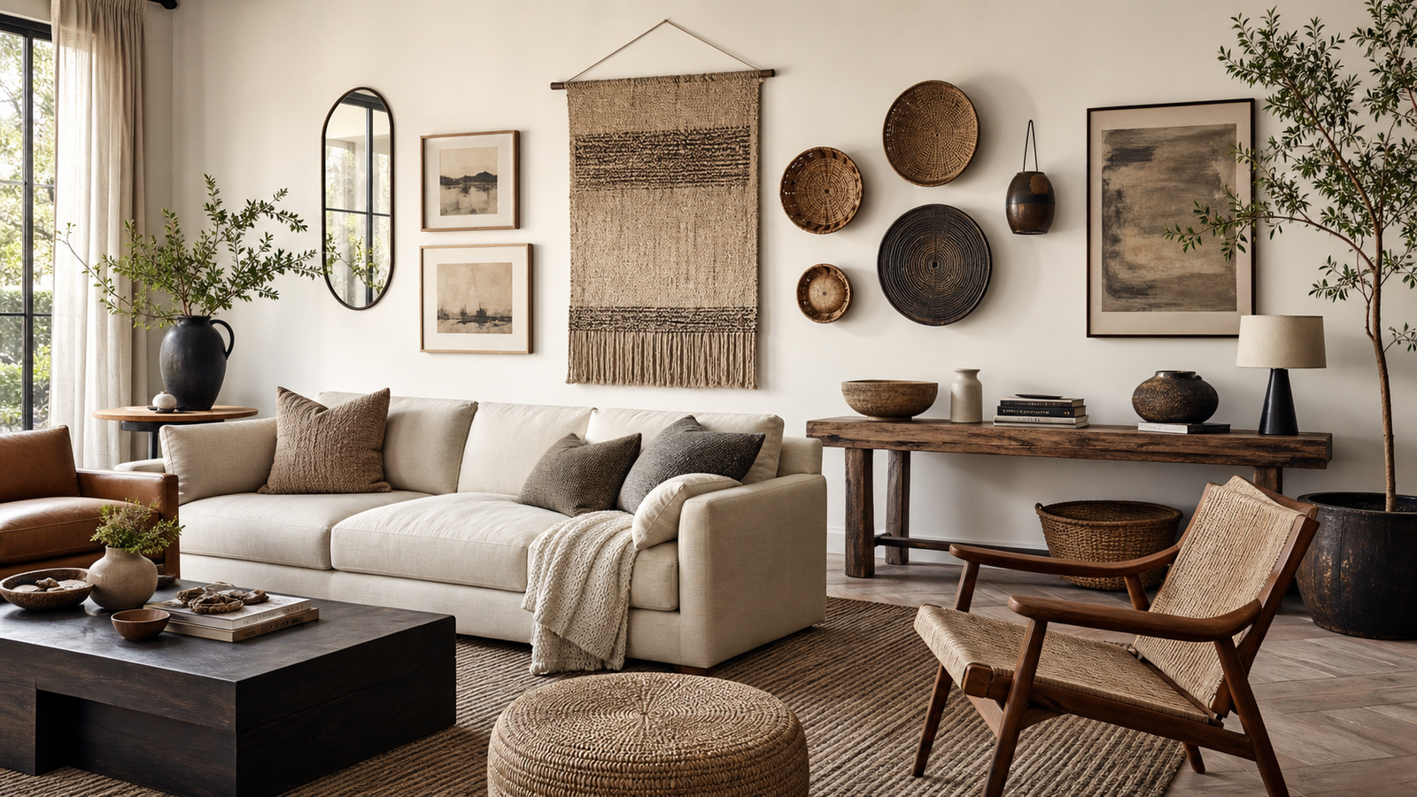 Wall hanging ideas styled on a warm living room wall