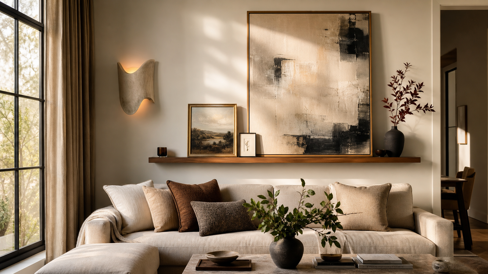 Aesthetic wall decor above a sofa in a warm stylish living room