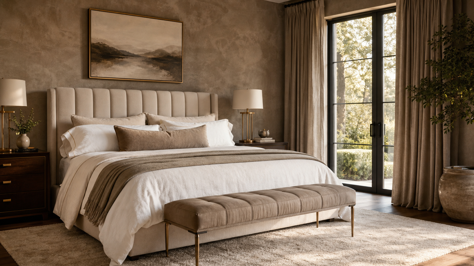 Dreamy luxury bedroom with upholstered bed and layered linens