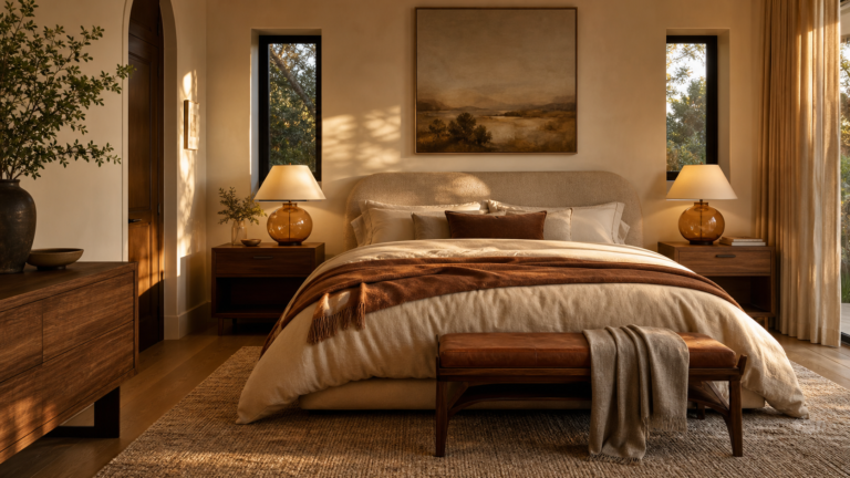 Warm bedroom aesthetic with caramel bedding, walnut furniture, and soft evening light