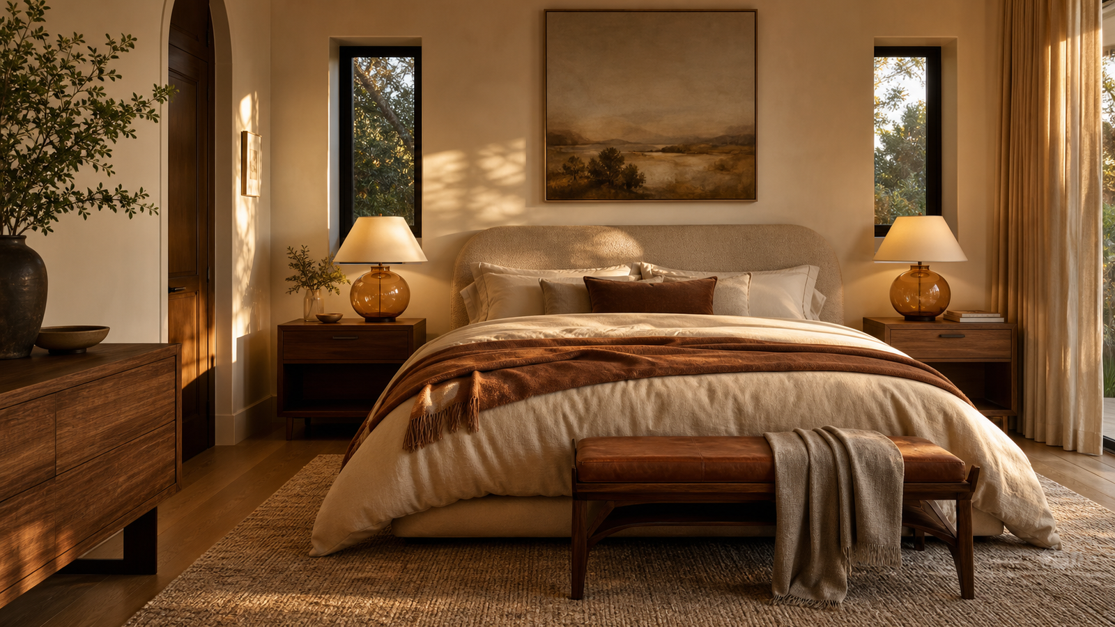 Warm bedroom aesthetic with caramel bedding, walnut furniture, and soft evening light