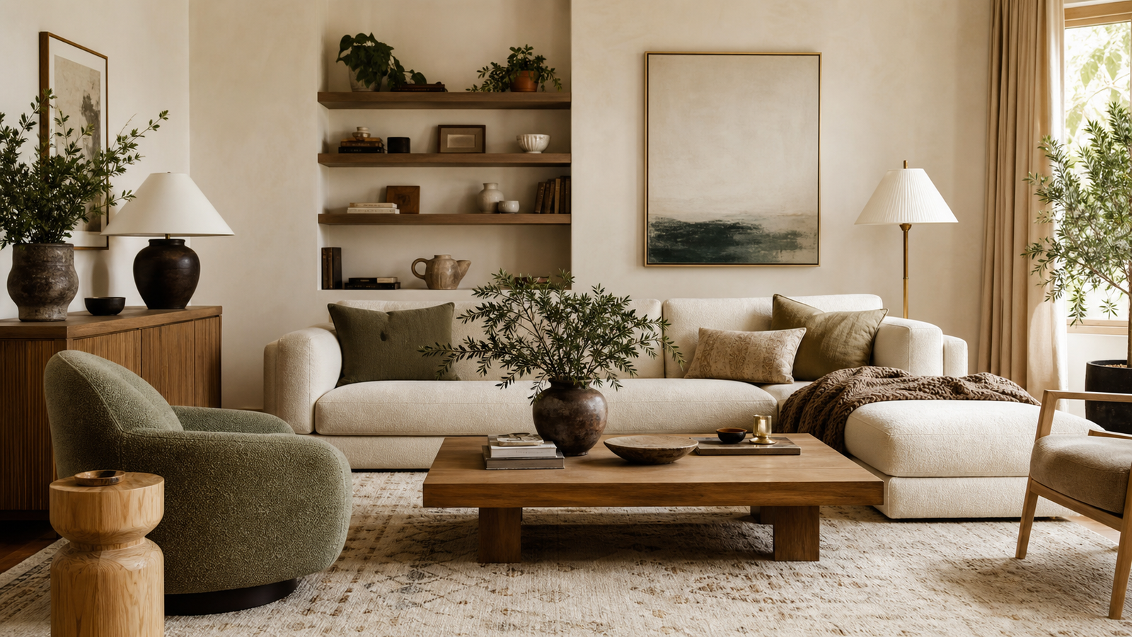 Aesthetic living room with cream sofa styled shelves warm wood table and plants