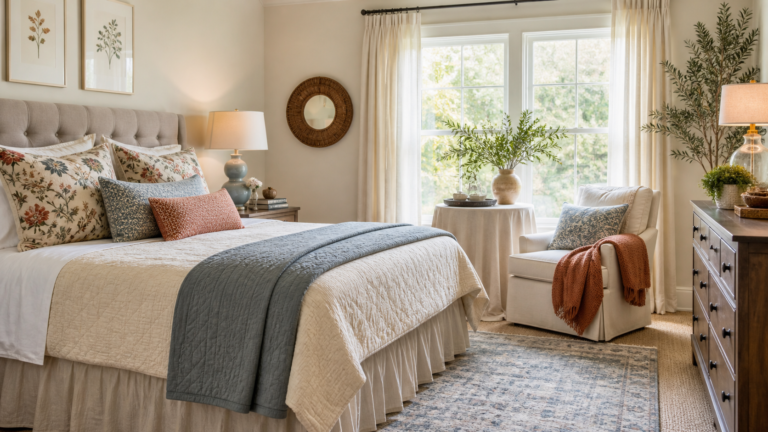 Cute room refresh with layered bedding, reading chair, and warm lighting