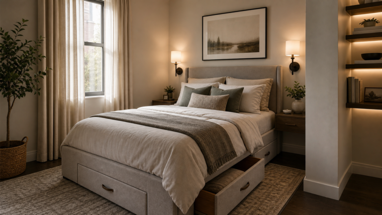 Stylish small bedroom with smart storage and warm layered lighting