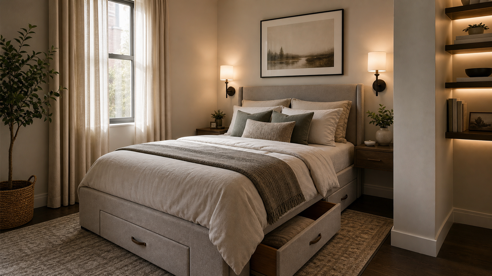 Stylish small bedroom with smart storage and warm layered lighting