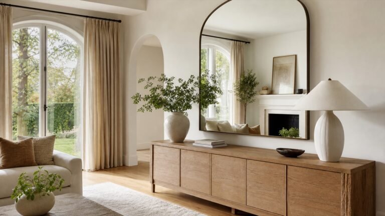 Aesthetic arched mirror brightening an elegant room