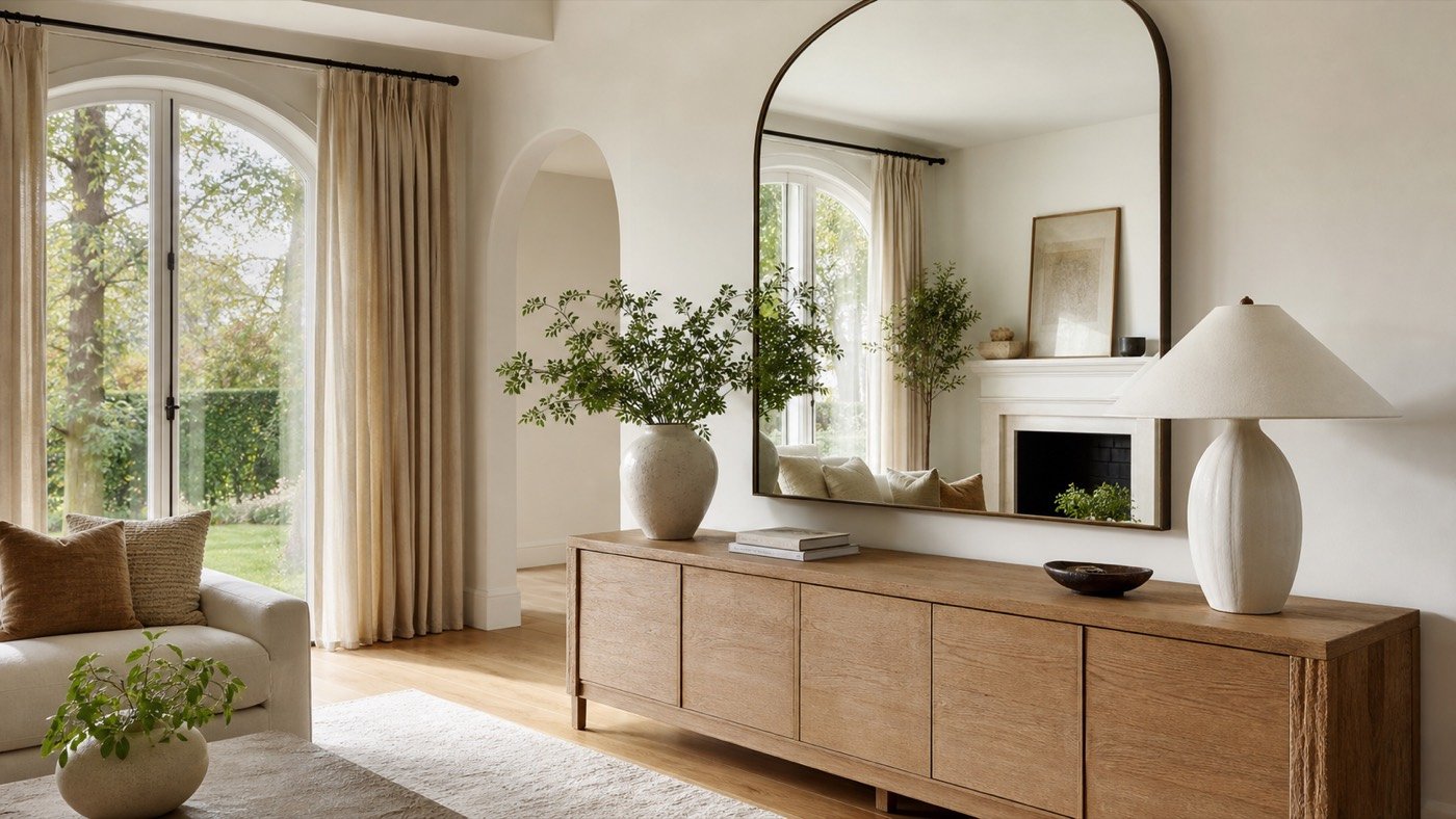 Aesthetic arched mirror brightening an elegant room