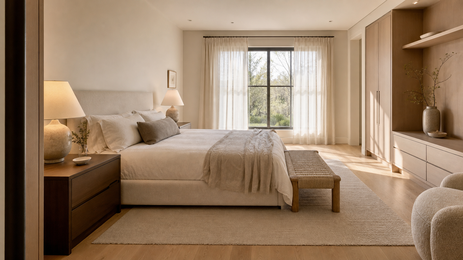 Minimal luxury bedroom retreat with warm linens, oak accents, soft lighting, and serene neutral decor