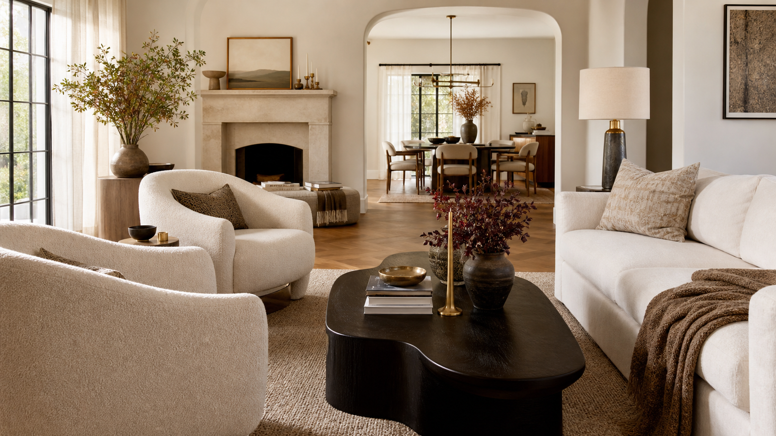 Luxury open-plan living and dining room with warm neutral decor and elegant room makeover styling