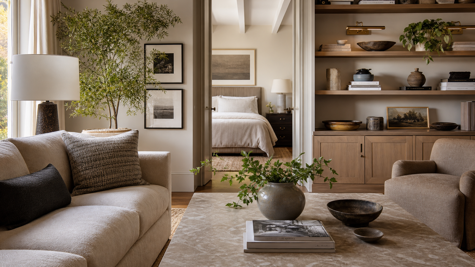 Aesthetic room decor with layered textiles, sculptural lighting, curated shelves, and warm neutral styling