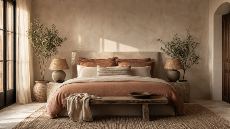 Earthy bedroom retreat with linen bedding, warm plaster walls, wood bench, and ceramic lamps