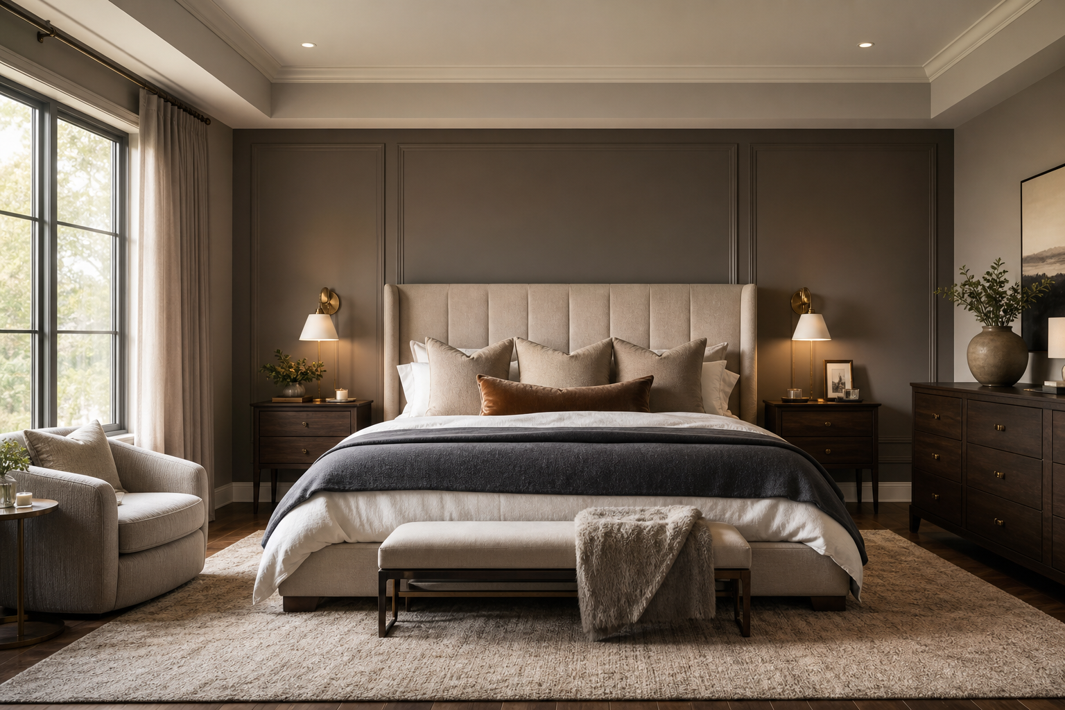 Luxury cozy bedroom retreat with upholstered bed, layered bedding, warm lamps, lounge chair, and elegant neutral decor