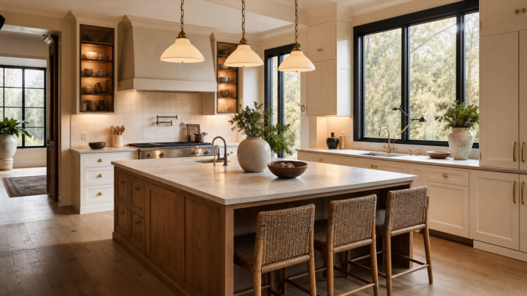 Warm functional kitchen with oak island, cream cabinets, stone counters, and layered lighting